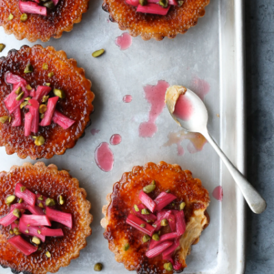 Cardamom & Crème Brûlée Tarts with Roasted Rhubarb