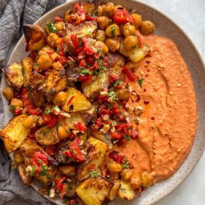 Roasted Potato & Chickpea Medley with Creamy Red Pepper Feta Dip