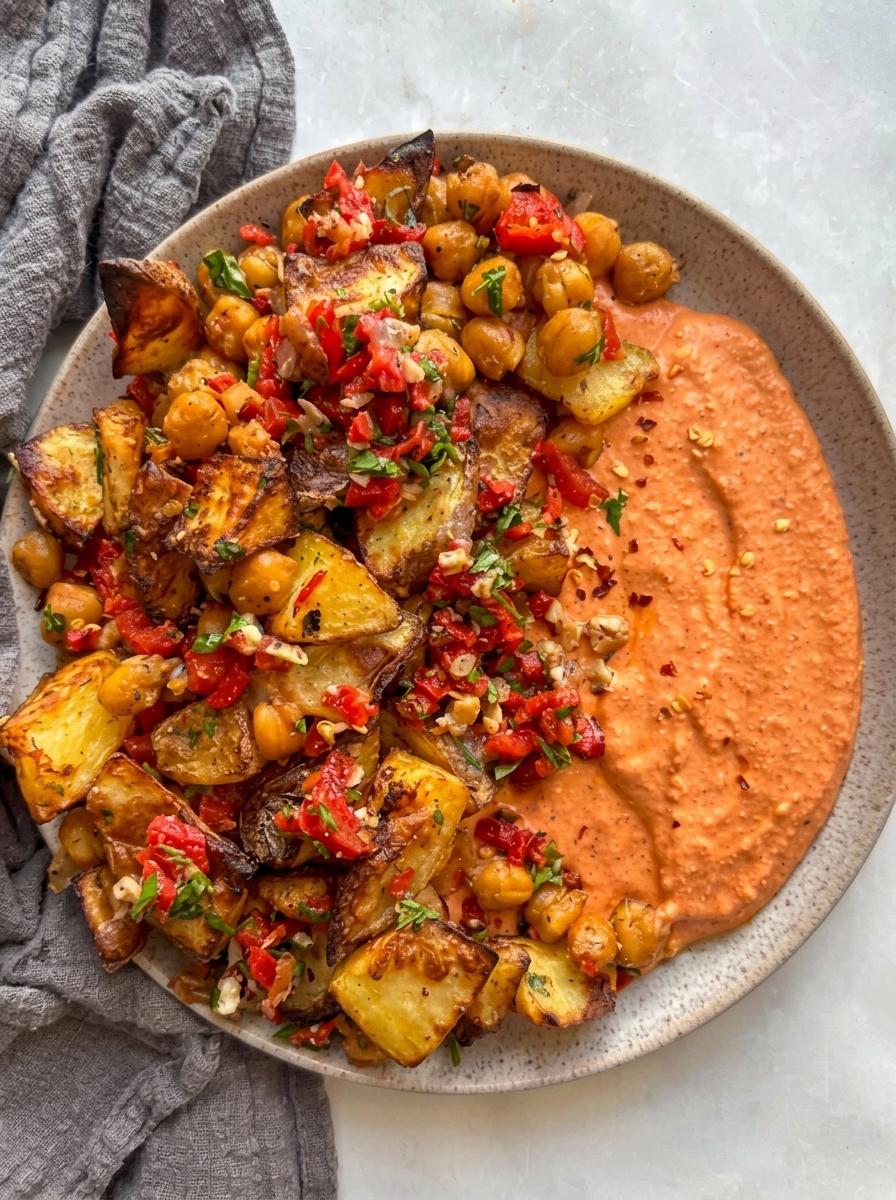 Roasted Potato & Chickpea Medley with Creamy Red Pepper Feta Dip